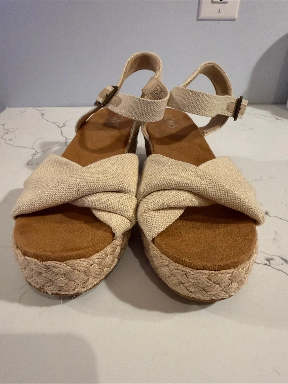 TOMS Natural Canvas Crossband Espadrille Wedge Sandals